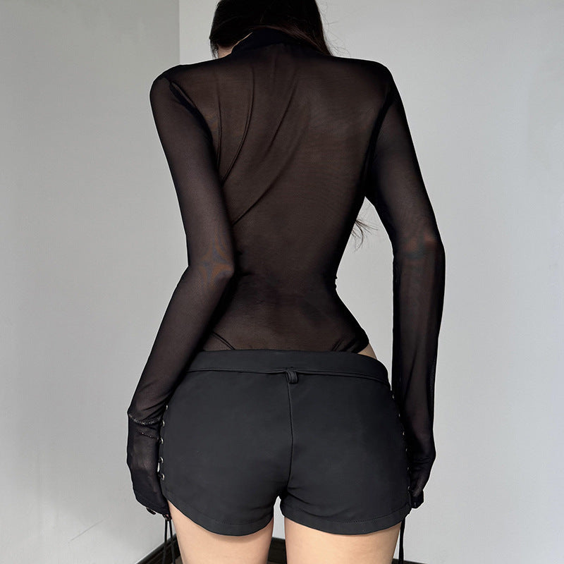 Damen Elegantes Bodysuit mit feinen Schmetterlingsmotiven und transparentem Stoff R&B