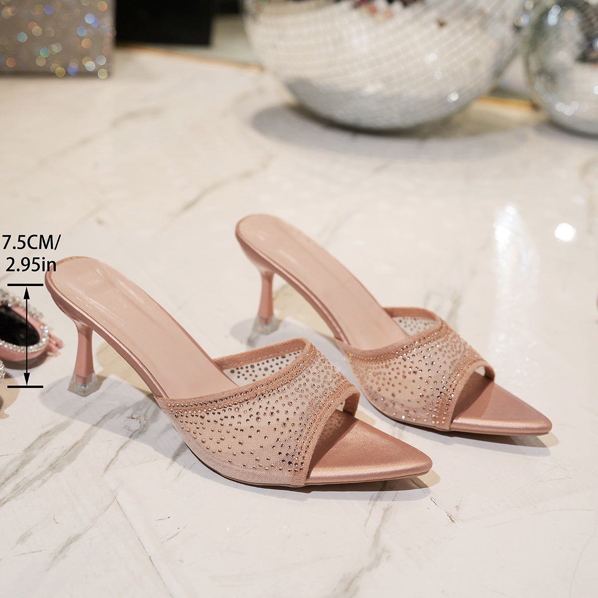 Damen elegante High-Heel-Pantoletten mit funkelnden Strassakzenten und geschwungenem Design R&B