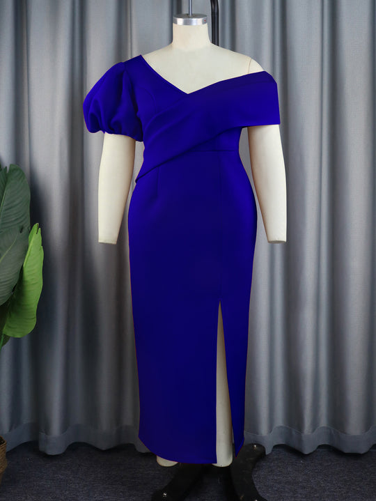 Damen Elegantes Maxikleid mit asymmetrischem Ausschnitt und voluminösen Puffärmeln R&B