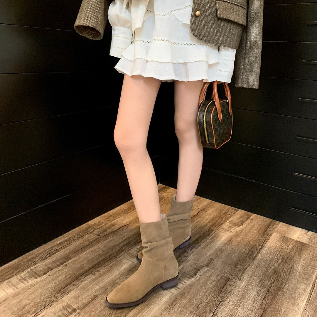 Damen modische Stiefeletten mit gerafftem Design und bequemem Blockabsatz R&B