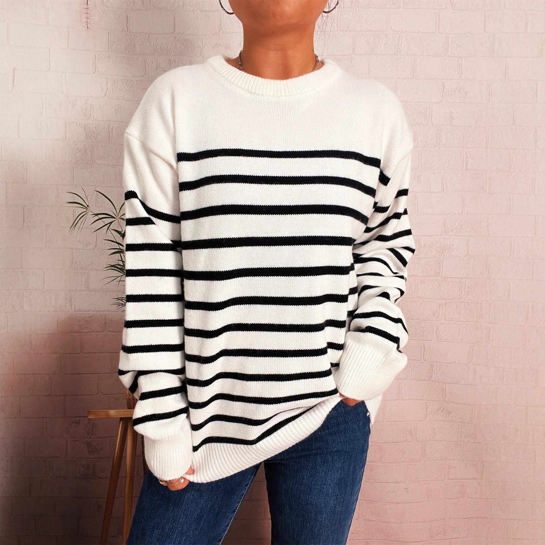 Damen lässiger gestreifter Pullover mit modernem Schnitt R&B