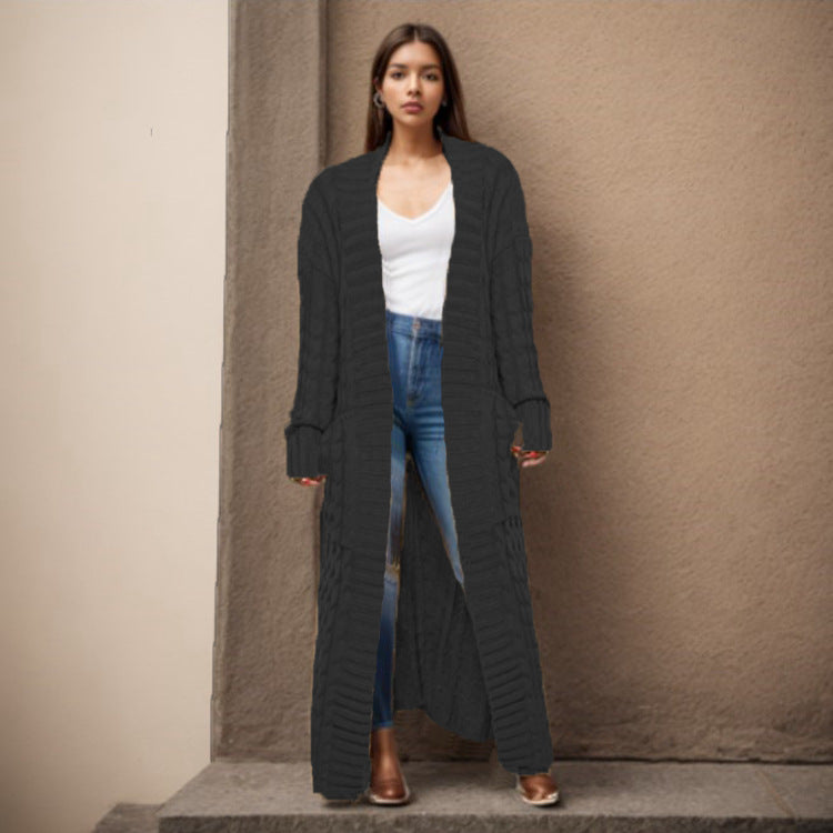 Damen Langer Strickcardigan mit raffiniertem Zopfdesign und praktischen Taschen R&B