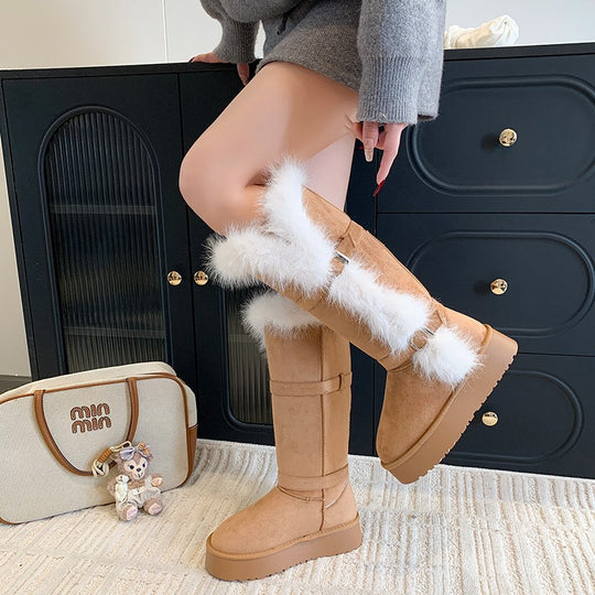 Damen kuschelige Winterstiefel mit weichem Kunstfellrand und modischen Schnallen R&B