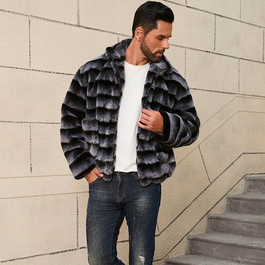 Herren Modische Kunstpelzjacke mit gestreiftem Design R&B