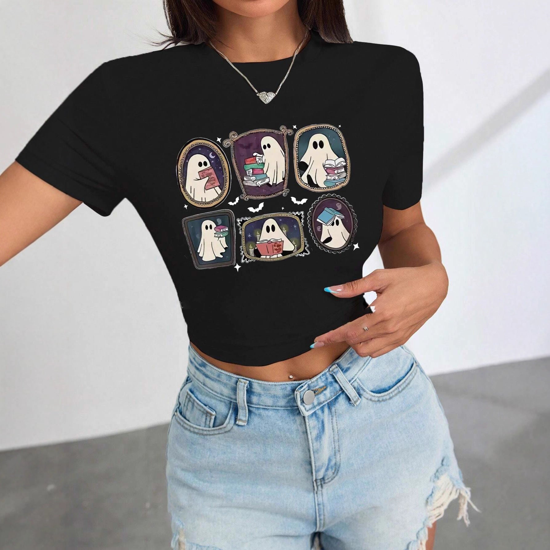 Damen Crop-T-Shirt mit verspieltem Geistermotiv R&B