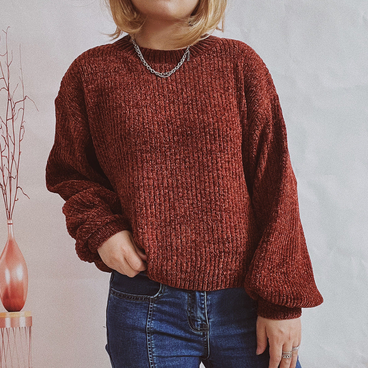 Damen Grobstrickpullover mit romantischem Rippenmuster und weiten Ärmeln R&B