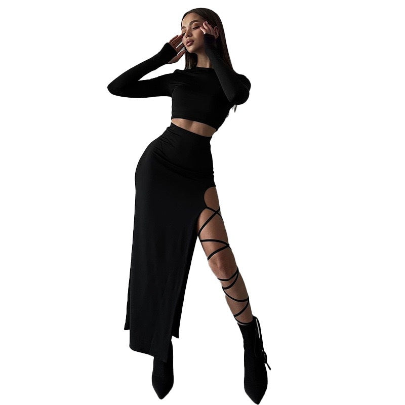 Damen Elegantes Crop-Top mit asymmetrischem Rock und raffiniertem Bein-Schlitz R&B
