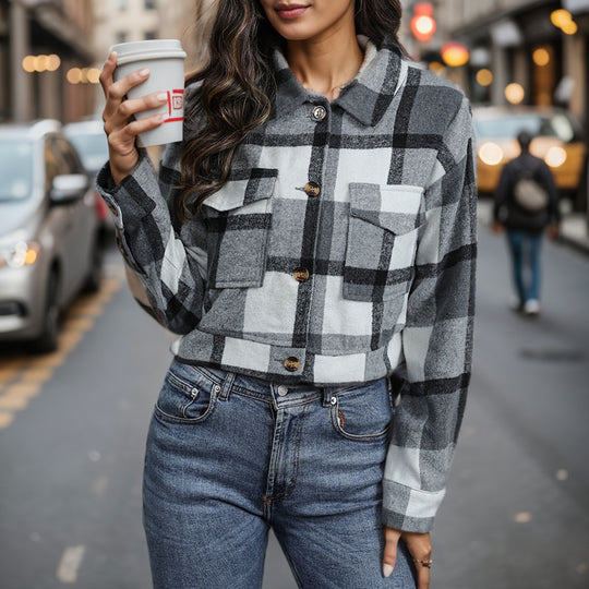 Damen Karierte Baumwolljacke mit modischem Schnitt und Taschen R&B