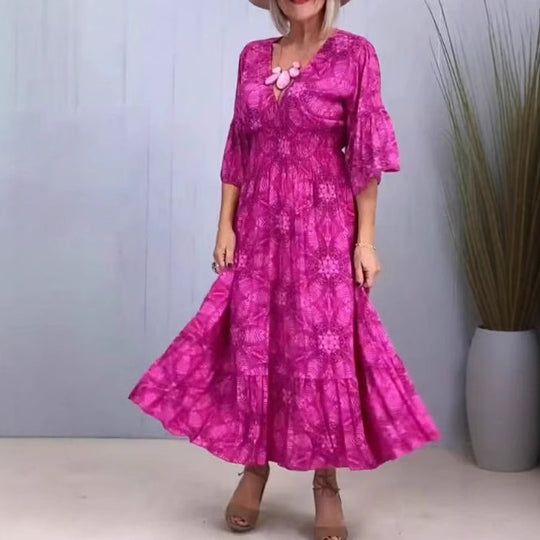 Damen nan luftiges Midikleid mit V‑Ausschnitt, Stufensaum und halblangen Volantärmeln R&B