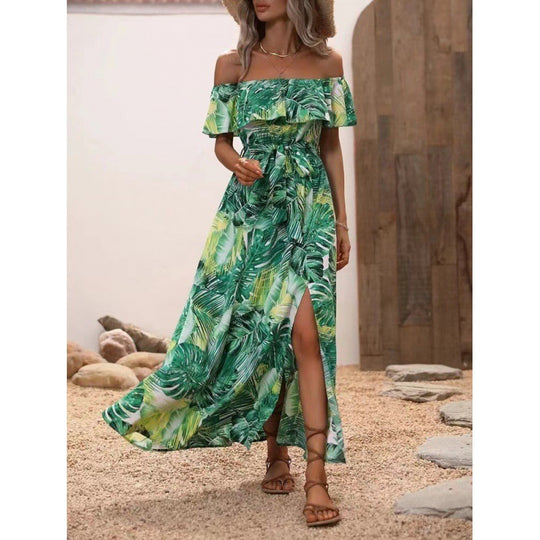 Damen Maxikleid mit Off-Shoulder-Ausschnitt und tiefem Schlitz R&B