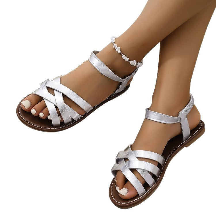 Damen Komfortable Riemensandalen mit Kreuzriemen und schmückender Perlenapplikation R&B