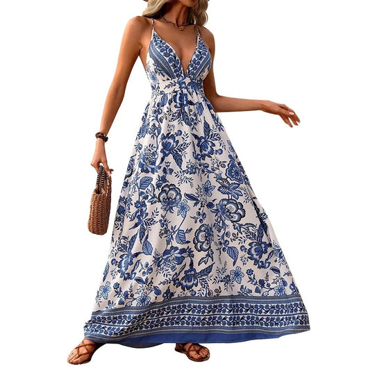 Damen Maxikleid mit tiefem V-Ausschnitt und floralen Mustern R&B