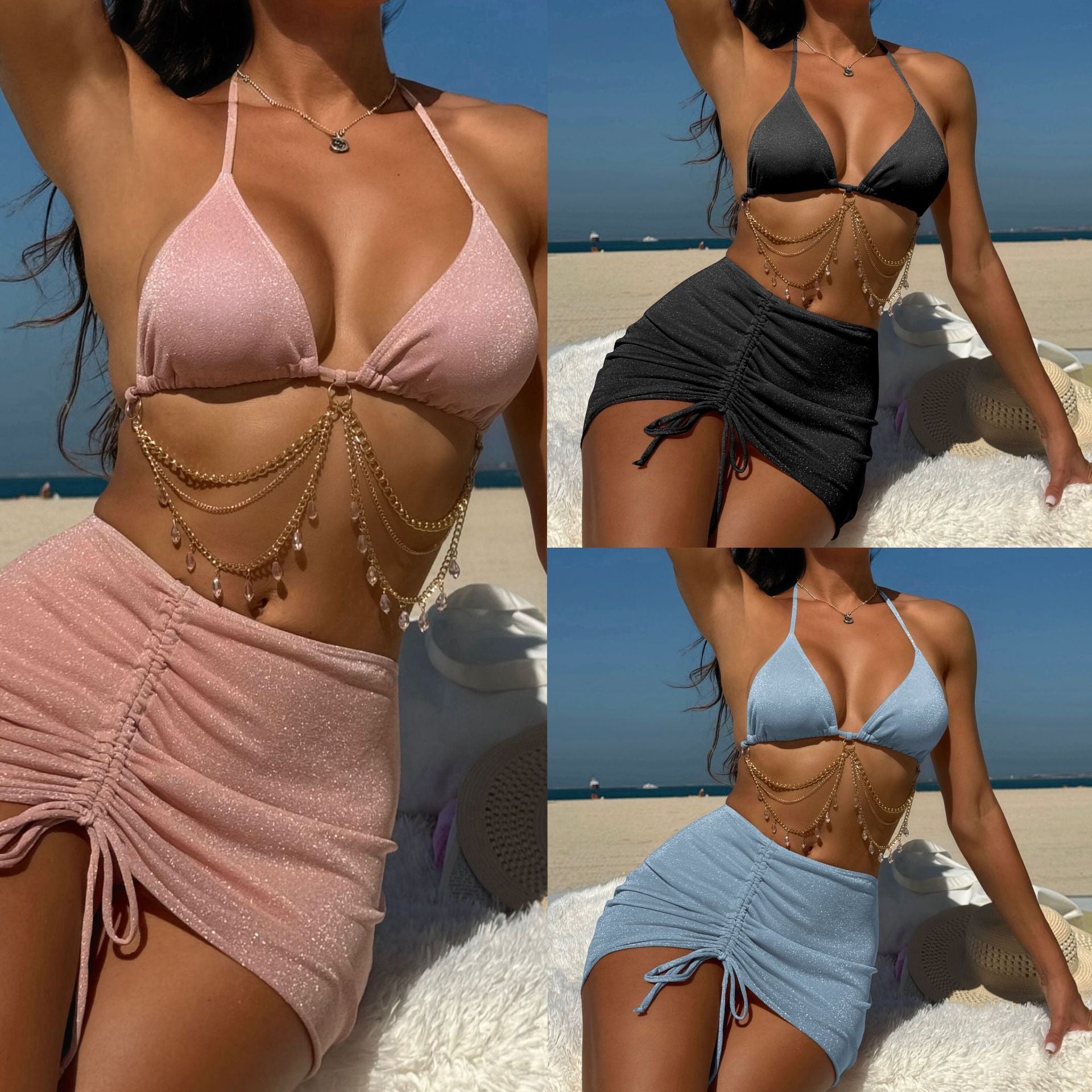 Damen Glitzerndes Triangel-Bikini-Set mit modischem Wickelrock und Kettenverzierung R&B
