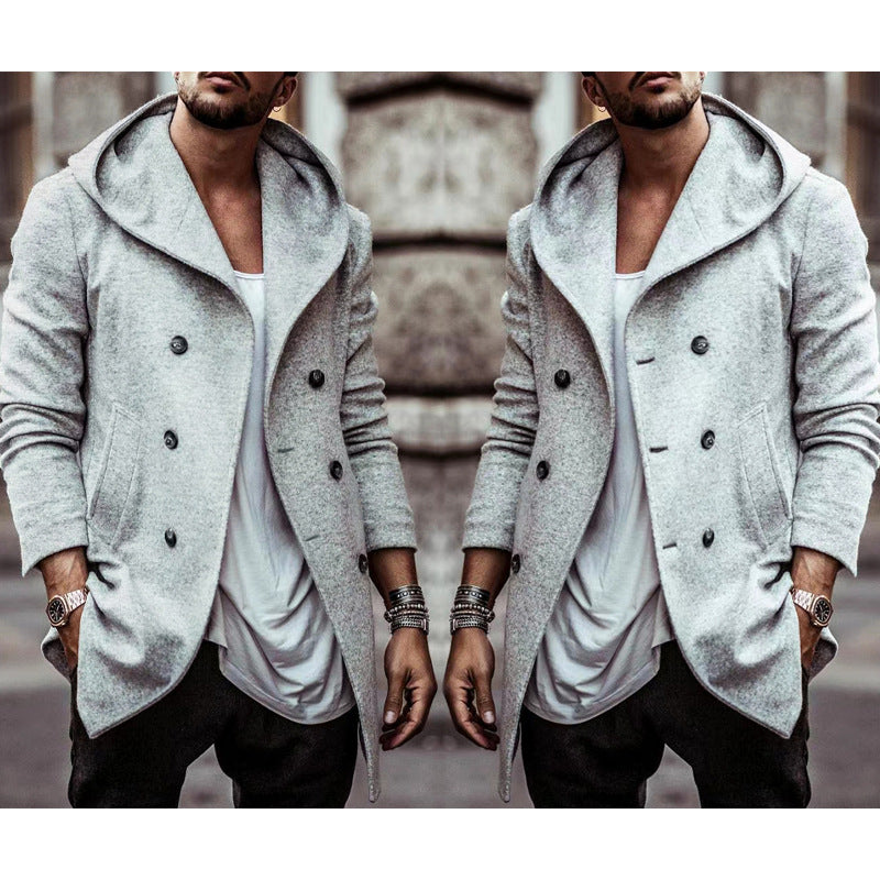 Herren stylischer Hoodie-Mantel mit doppelter Knopfreihe und weitem Kragen R&B