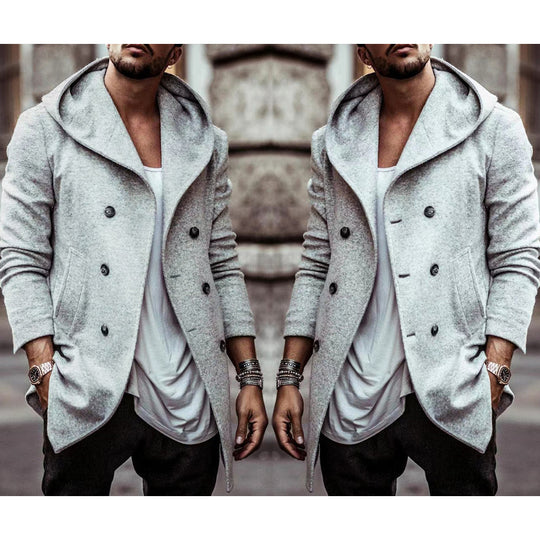 Herren stylischer Hoodie-Mantel mit doppelter Knopfreihe und weitem Kragen R&B