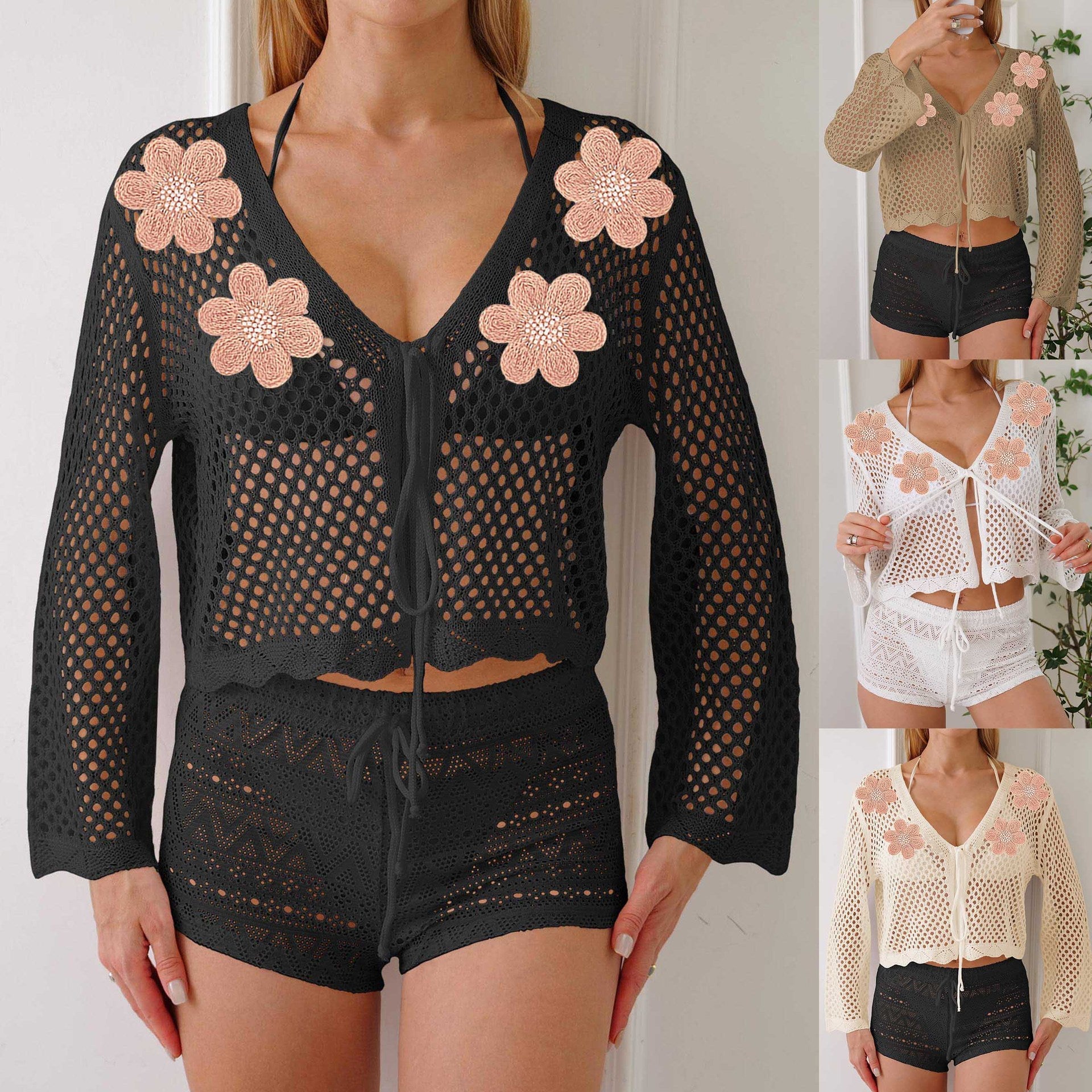 Damen luftiger Häkel-Strandüberwurf mit dekorativen Blüten R&B