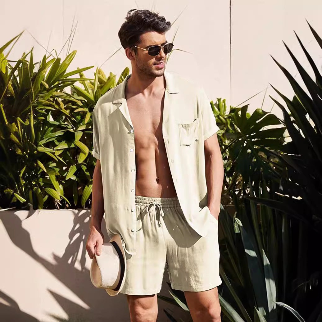Herren nan zweiteiliges Sommer-Freizeitensemble mit offenem Revershemd und elastischer Kurzhose R&B