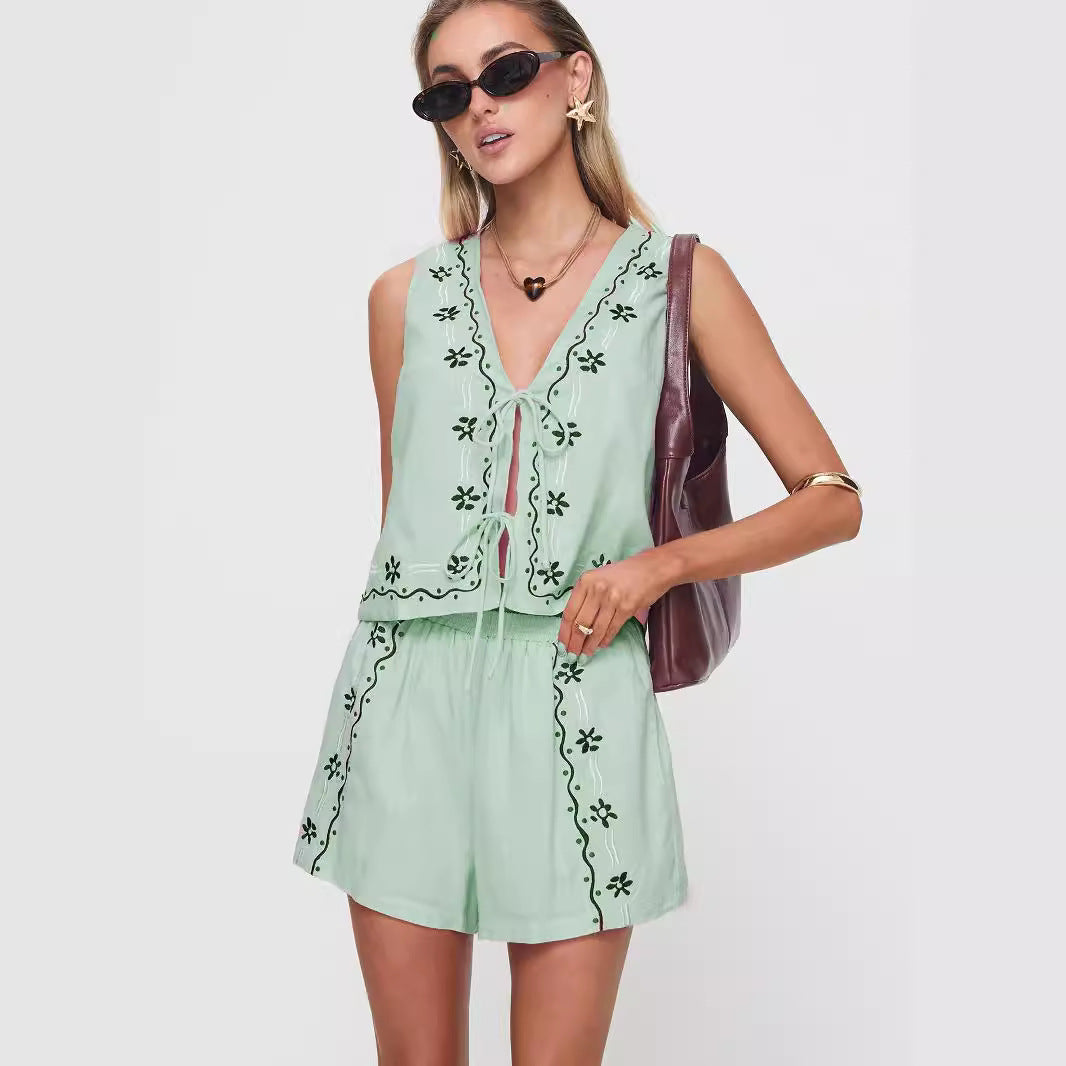 Damen luftiges Zweiteiler-Set mit floraler Stickerei R&B