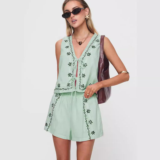 Damen luftiges Zweiteiler-Set mit floraler Stickerei R&B