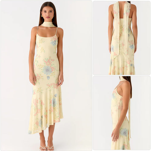 Damen Elegantes Maxikleid mit blumigem Chiffon-Design und Neckholder-Ausschnitt R&B