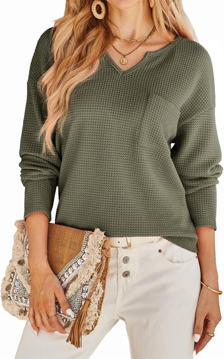 Damen Waffelstruktur Pullover mit tiefem V-Ausschnitt und praktischen Taschen R&B