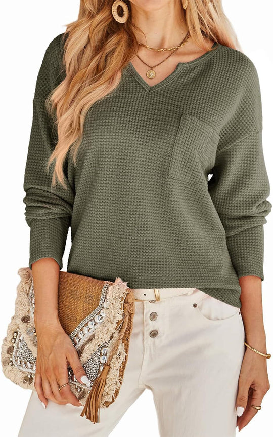 Damen Waffelstruktur Pullover mit tiefem V-Ausschnitt und praktischen Taschen R&B