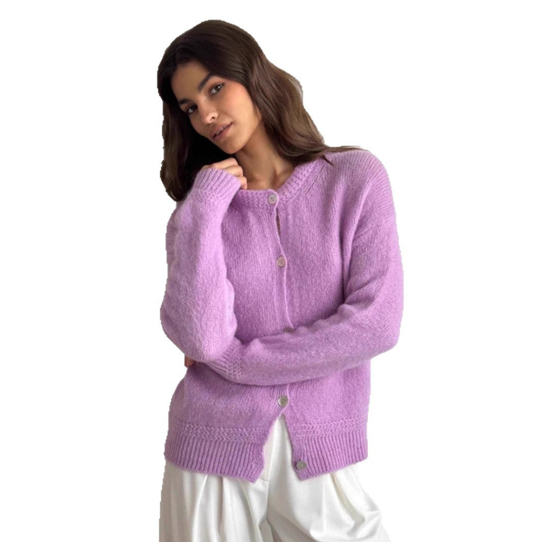 Damen kuschelige Strickjacke mit knöpfbarem Design und voluminösen Ärmeln R&B