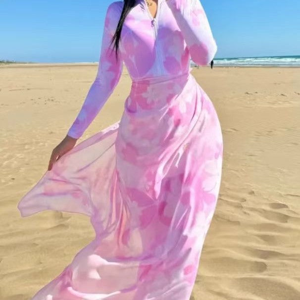 Damen Strandkleid mit Reißverschluss und langen Ärmeln R&B