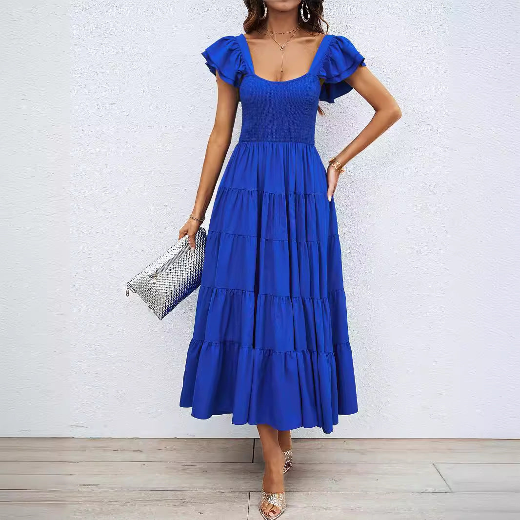 Damen Lange Maxikleid mit eleganten Rüschenträgern und gefüttertem Oberteil R&B