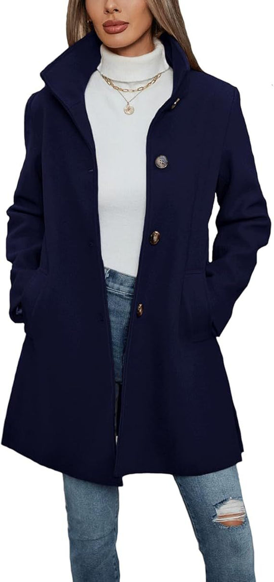 Damen Eleganter Wollmantel mit Hochgeschlossenem Kragen und Praktischen Taschen R&B