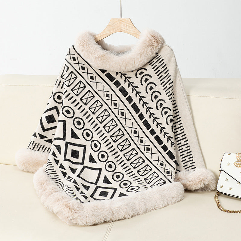 Damen modischer Poncho mit dekorativem Kunstfellkragen R&B