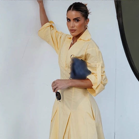 Damen Hemdblusenkleid mit elegantem V-Ausschnitt und weiten Ärmeln R&B