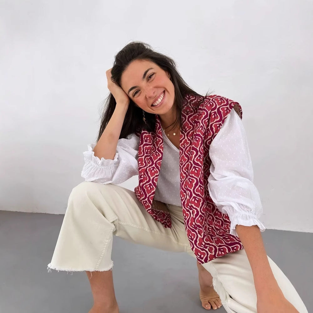 Damen Steppjacke mit floralem Muster und offenem Design R&B