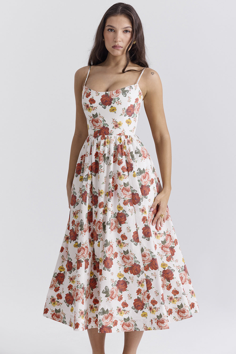 Damen Midi-Kleid mit elegantem Blumenmuster und zartem Taillenzug R&B