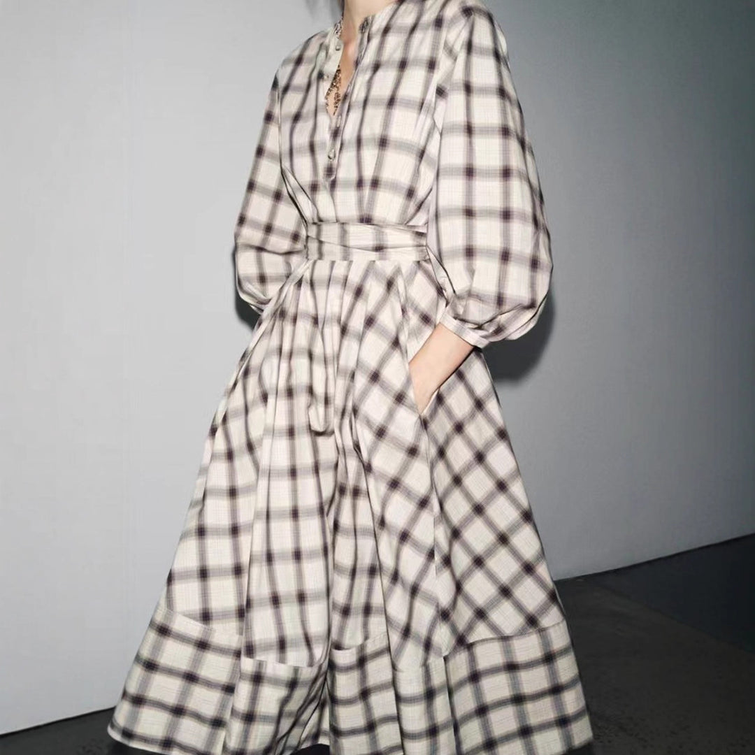 Damen nan kariertes Midikleid mit Ballonärmeln, Taillengürtel und Zierknopfleiste R&B