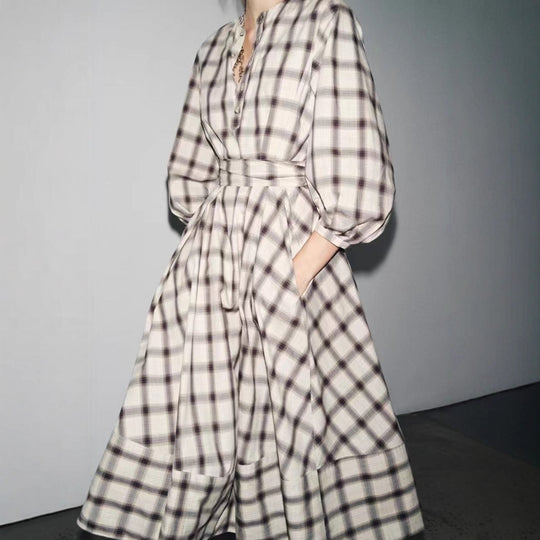 Damen nan kariertes Midikleid mit Ballonärmeln, Taillengürtel und Zierknopfleiste R&B
