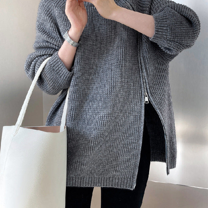 Damen lässiger Strickpullover mit seitlichem Reißverschluss und hohem Kragen R&B