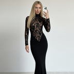 Damen Elegantes Langarm Kleid aus Spitze mit geraffter Silhouette R&B
