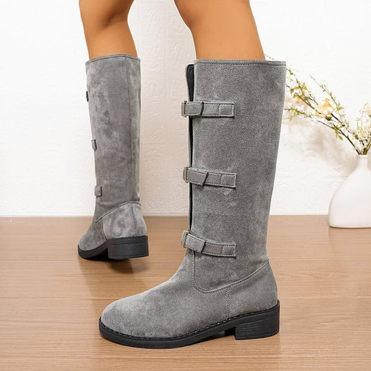 Damen Overkneestiefel mit modischen Schnallen und robustem Profilsohle R&B