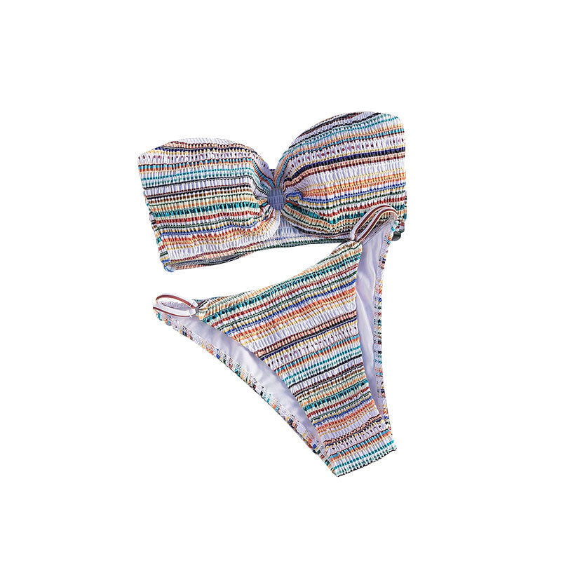 Damen Bandeau-Bikini mit raffinierten Rüschen und buntem Streifenmuster