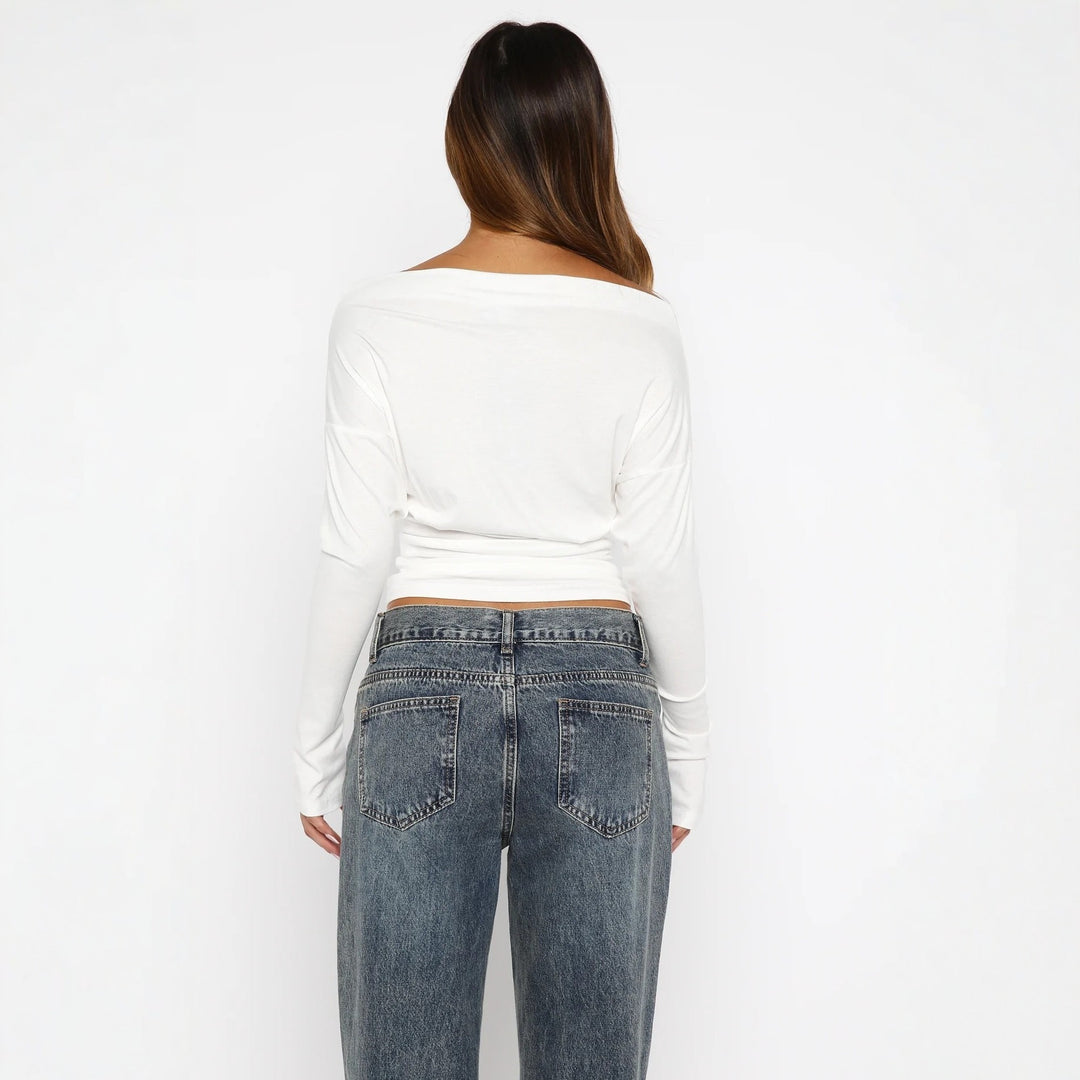 Damen Off-Shoulder Oberteil mit zartem Spitzensaum R&B