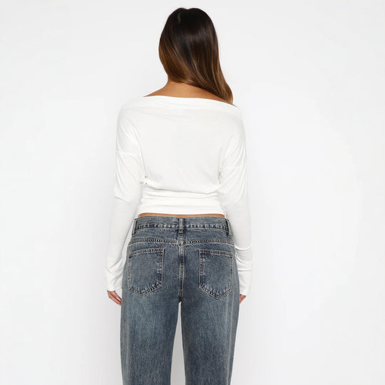Damen Off-Shoulder Oberteil mit zartem Spitzensaum R&B