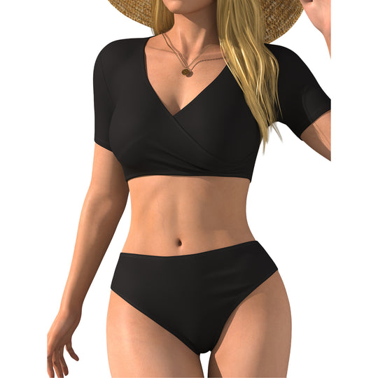 Damen Bikini-Oberteil mit Wickelschnitt und kurzen Ärmeln R&B