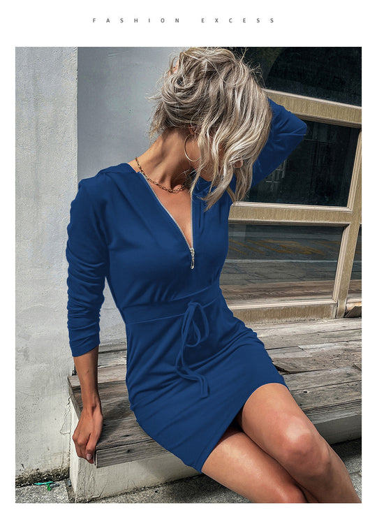 Damen Kapuzenkleid mit Reißverschluss und Taillenzug R&B