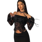 Damen Elegantes Off-Shoulder Oberteil mit floralem Spitzenmuster und ausgestellten Ärmeln R&B