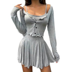 Damen lässiges Set mit langärmeliger Bluse und fließendem Rock