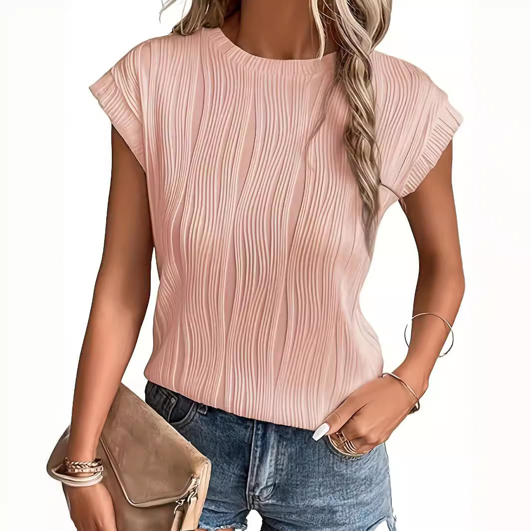Damen Plissee-T-Shirt mit kurzem Ärmel und hohem Rundhalsausschnitt R&B