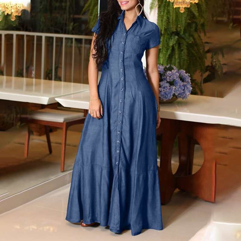Damen Maxikleid mit Knopfleiste und schwingendem Saum R&B