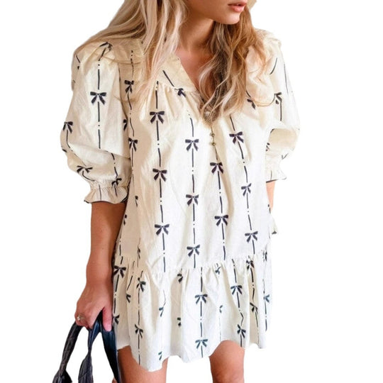 Damen luftiges Freizeitkleid mit Rüschen und zartem Schleifenprint R&B