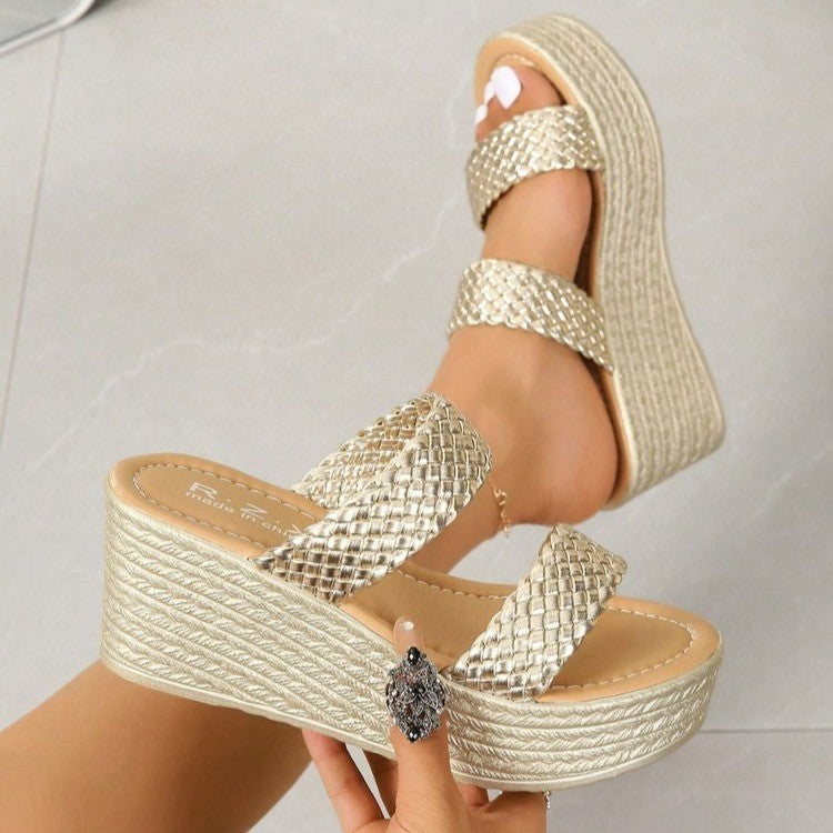 Damen Riemchen-Plateausandalen mit geflochtenem Design und eleganter Süßwasserperlen-Applikation R&B